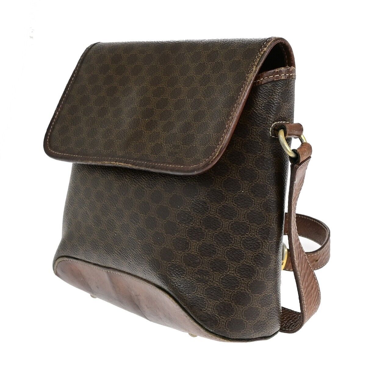 CELINE Logo Macadam Pattern Shoulder Bag PVC Leather Brown Italy Gold 08EB711