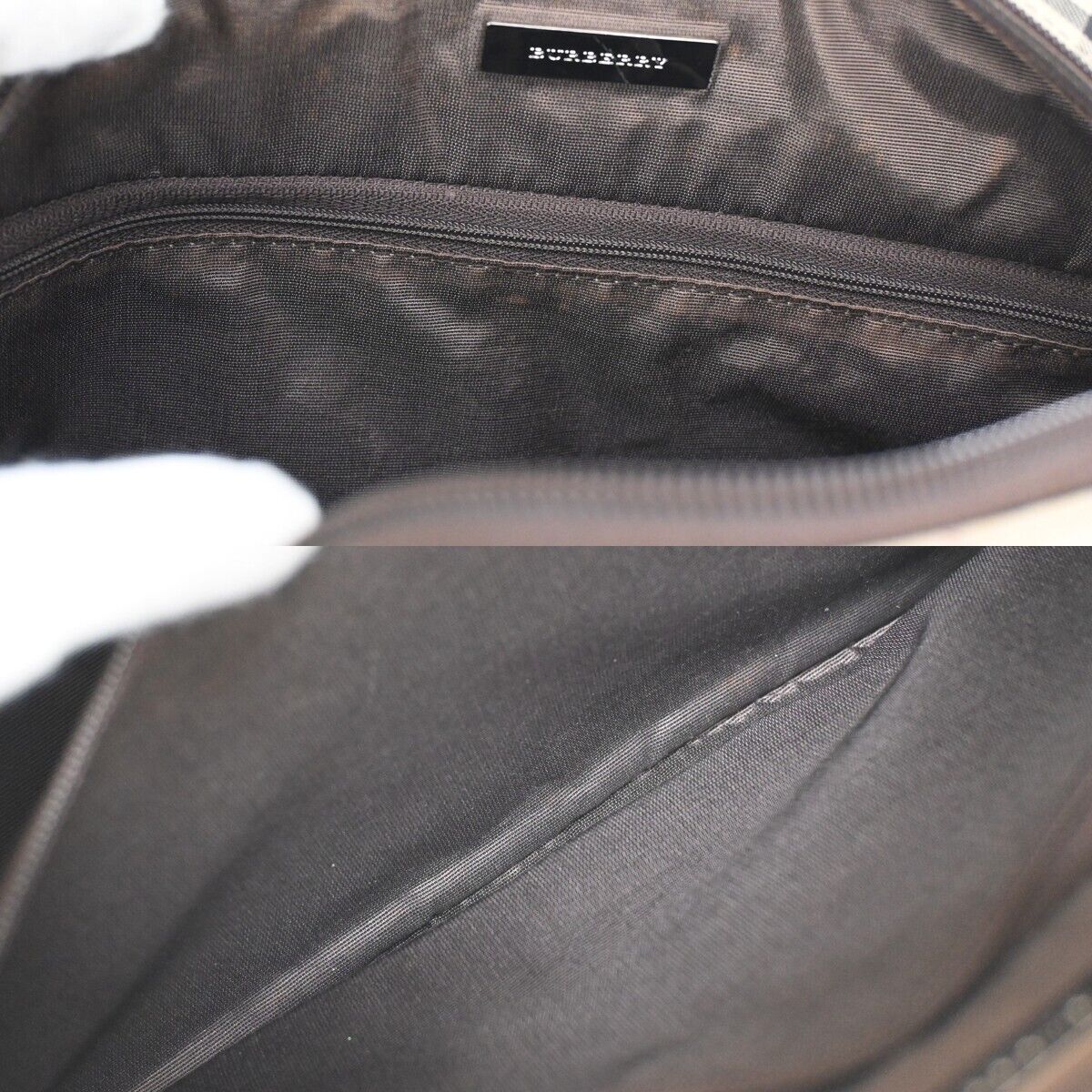 BURBERRY Logo Nova Check Hand Bag Canvas Leather Beige Brown Silver 63HB067