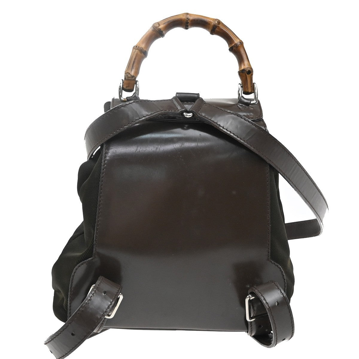 GUCCI Logo Bamboo Backpack Bag Patent Leather Nylon Brown Italy 62EG399