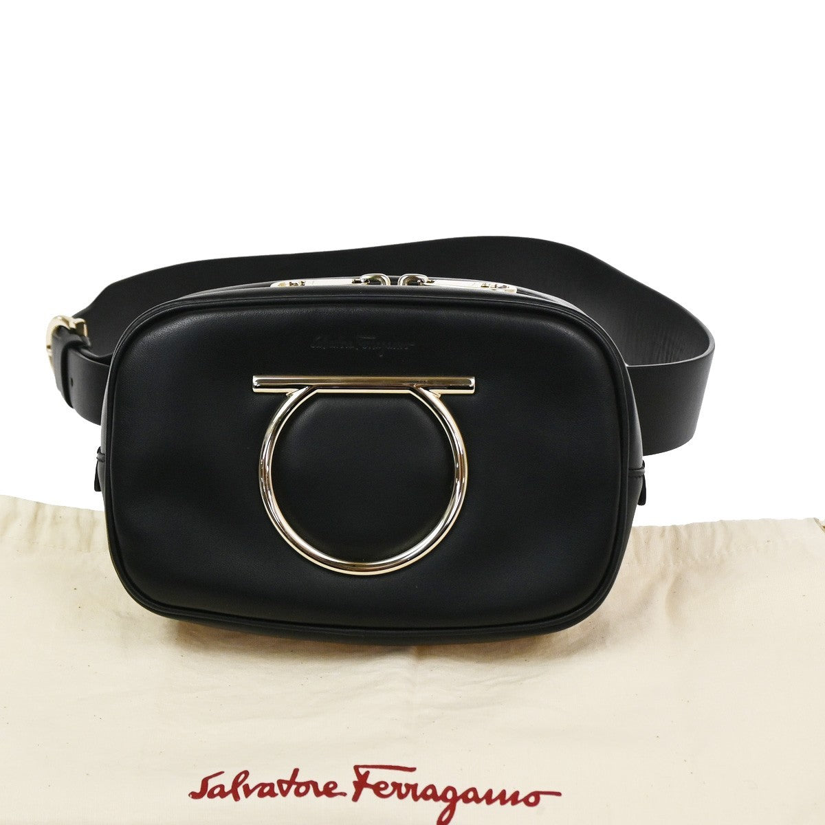 SALVATORE FERRAGAMO Gancini Mini Waist Bag Leather Black GHW Italy 85TA669