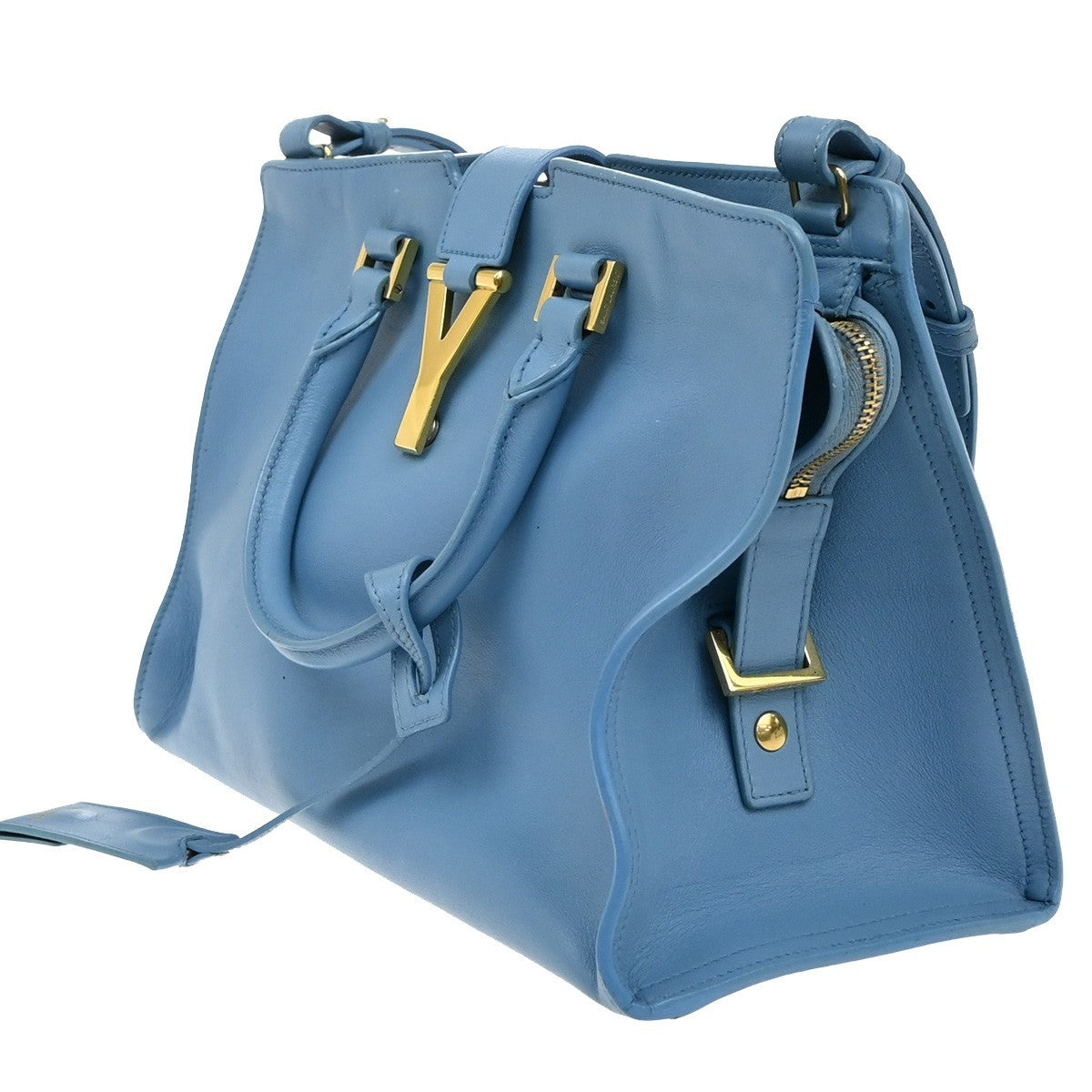 SAINT LAURENT  Logo Classic Y Cabas 2 Way Hand Bag Leather Blue Gold 79KP092