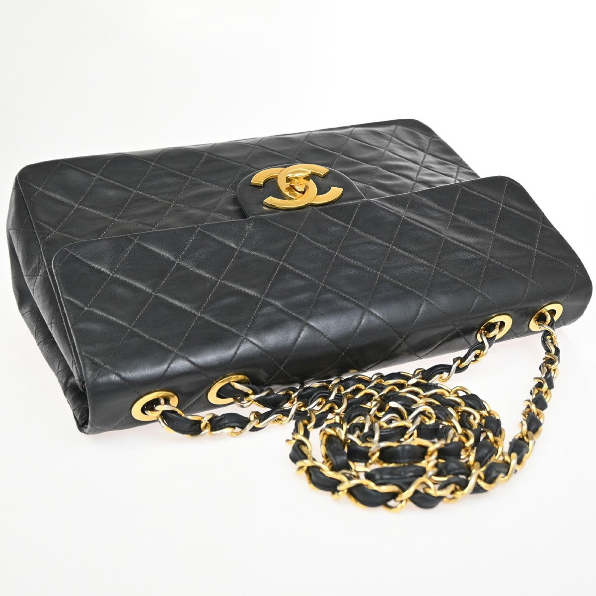 CHANEL Maxi Jumbo Matelasse 34 Chain Shoulder Bag Leather Black Vintage 328RP127
