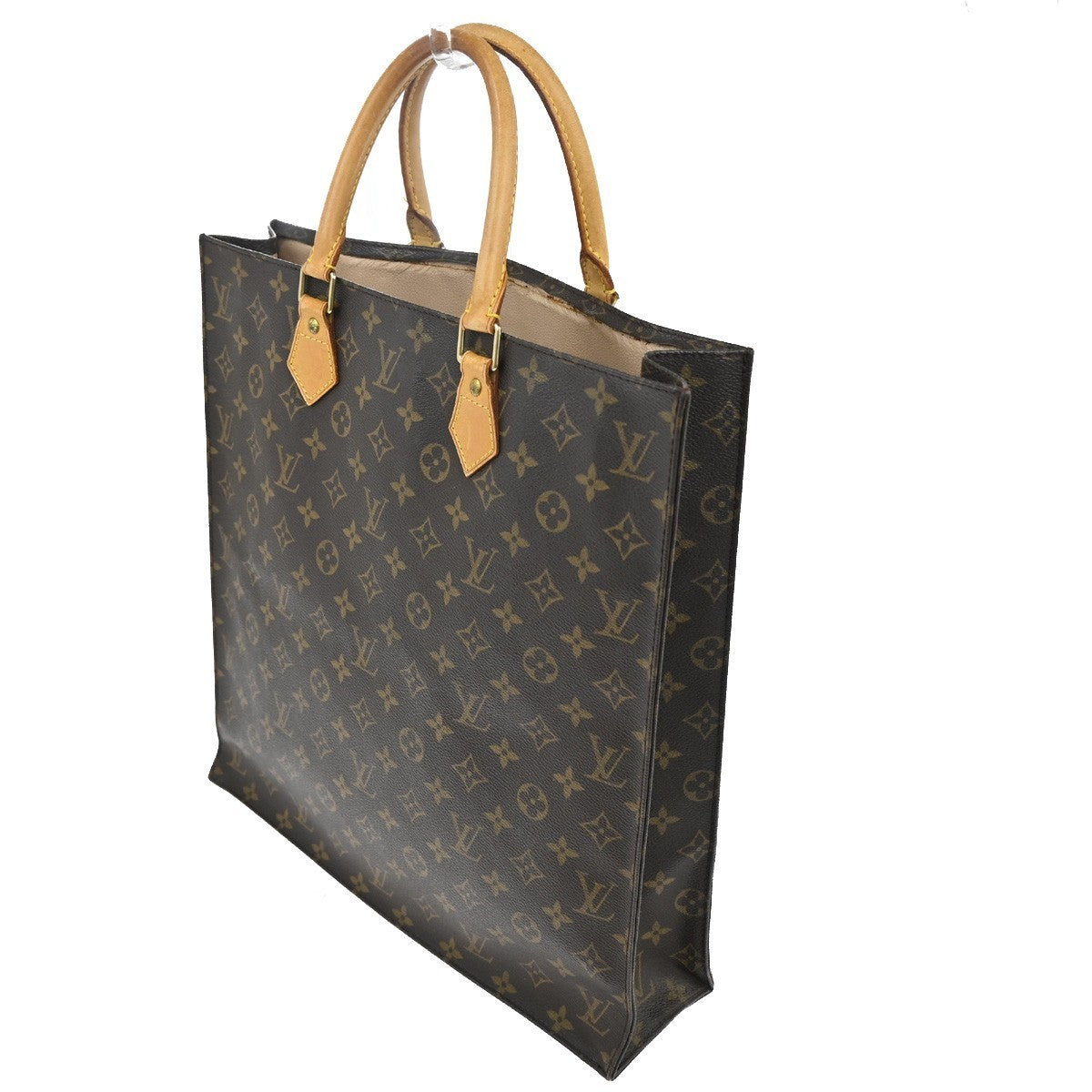 LOUIS VUITTON Logo Sac Plat Hand Tote Bag Monogram Leather Brown M51140 86KC402