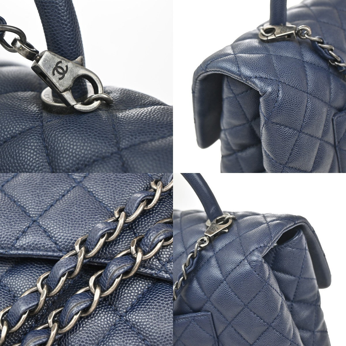 CHANEL 2Way Top Handle Chain Shoulder Bag Grained Calfskin Leather Blue 813RF792
