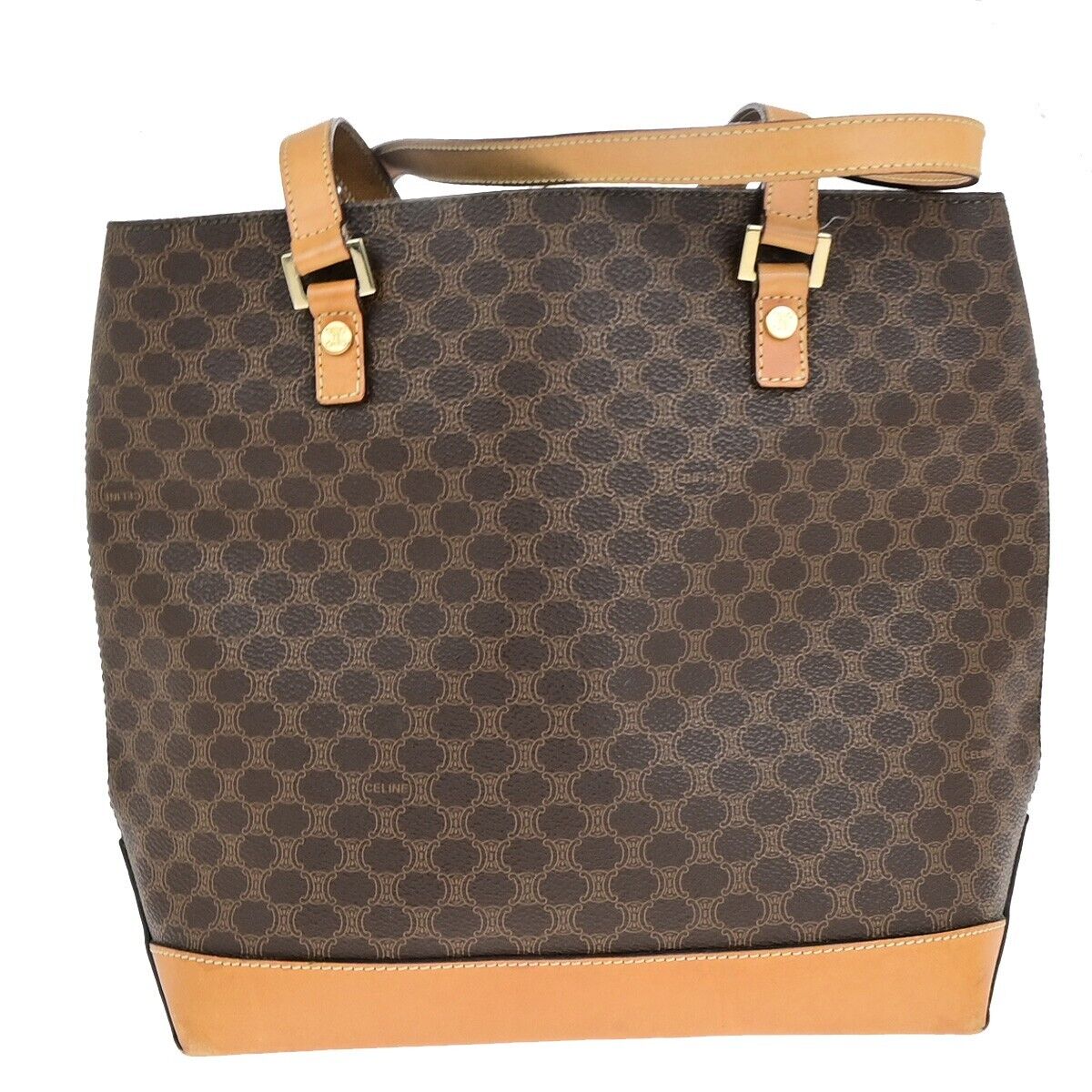 CELINE Logo Macadam Pattern Shoulder Tote Bag PVC Leather Brown GHW 34EC985