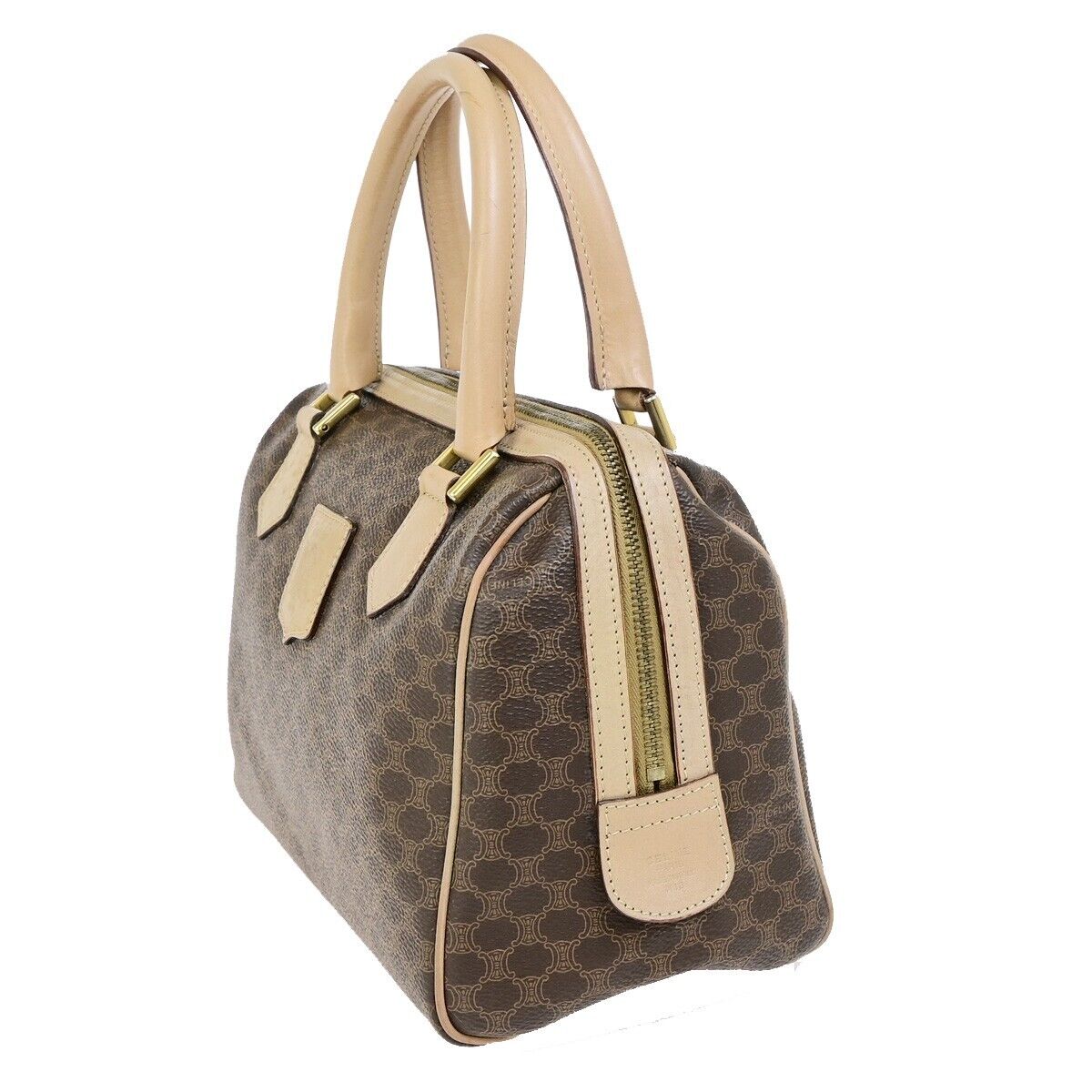 CELINE Logo Macadam Pattern Travel Hand Boston Bag PVC Leather Brown 37FB222