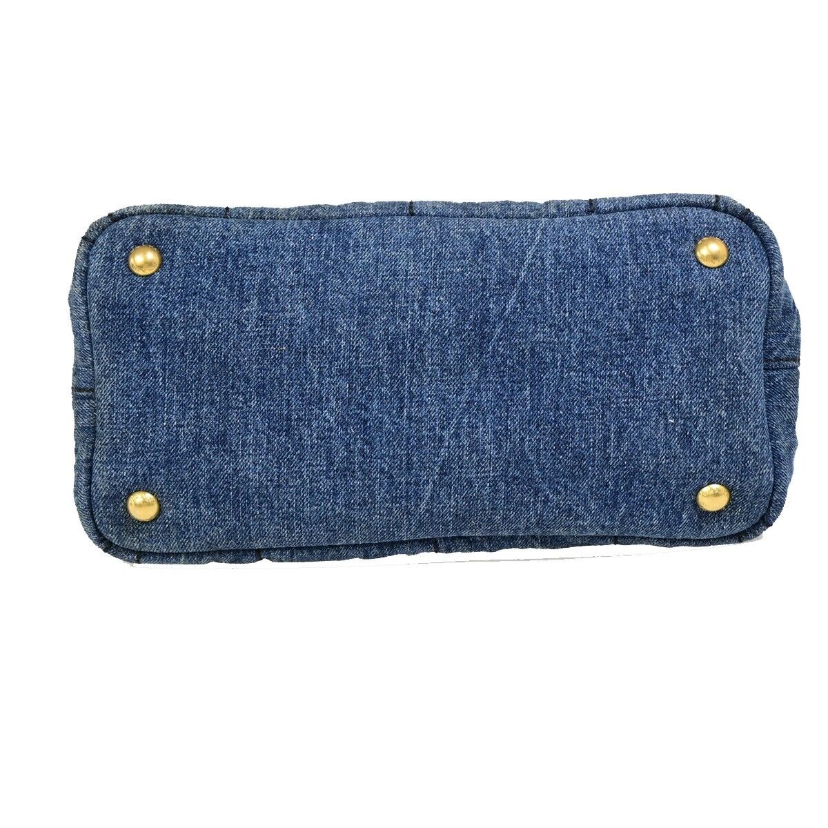 PRADA Logo Canapa Hand Tote Bag Denim Leather Blue GHW 39EB670