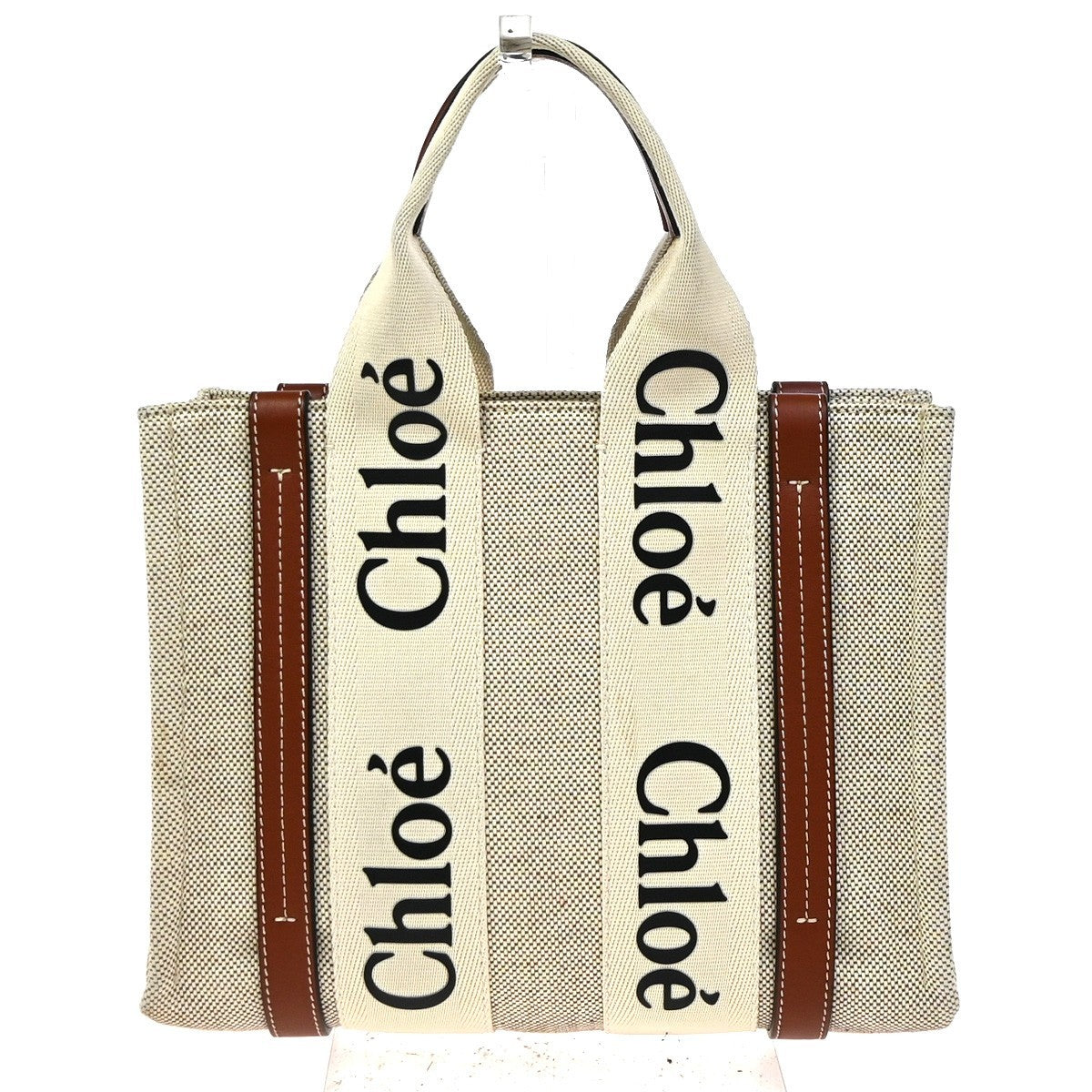 CHLOE Logo Woody Small Hand Tote Bag Canvas Leather Beige Brown Italy 77RQ021