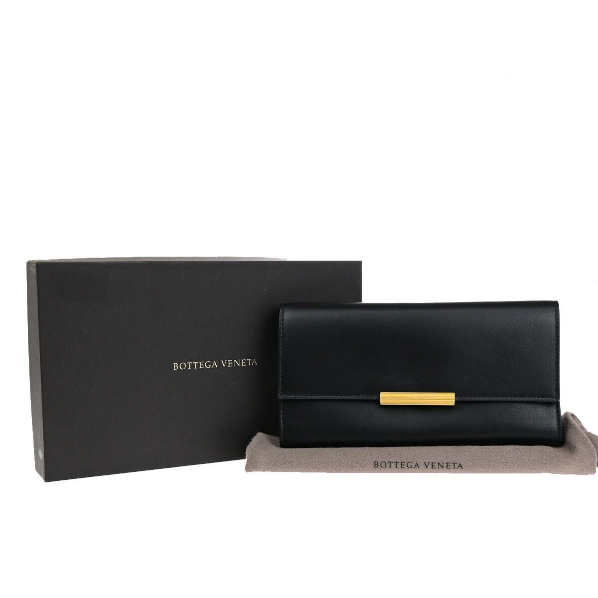 BOTTEGA VENETA Logo Long Trifold Wallet Leather Black Gold Italy 05EC051