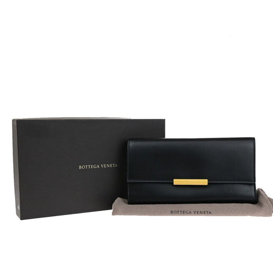 BOTTEGA VENETA Logo Long Trifold Wallet Leather Black Gold Italy 05EC051
