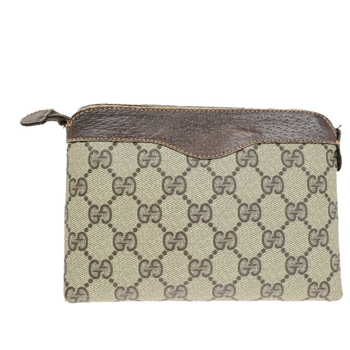 GUCCI Logo GG Pattern Pouch Bag PVC Leather Brown GHW Italy 05SH828