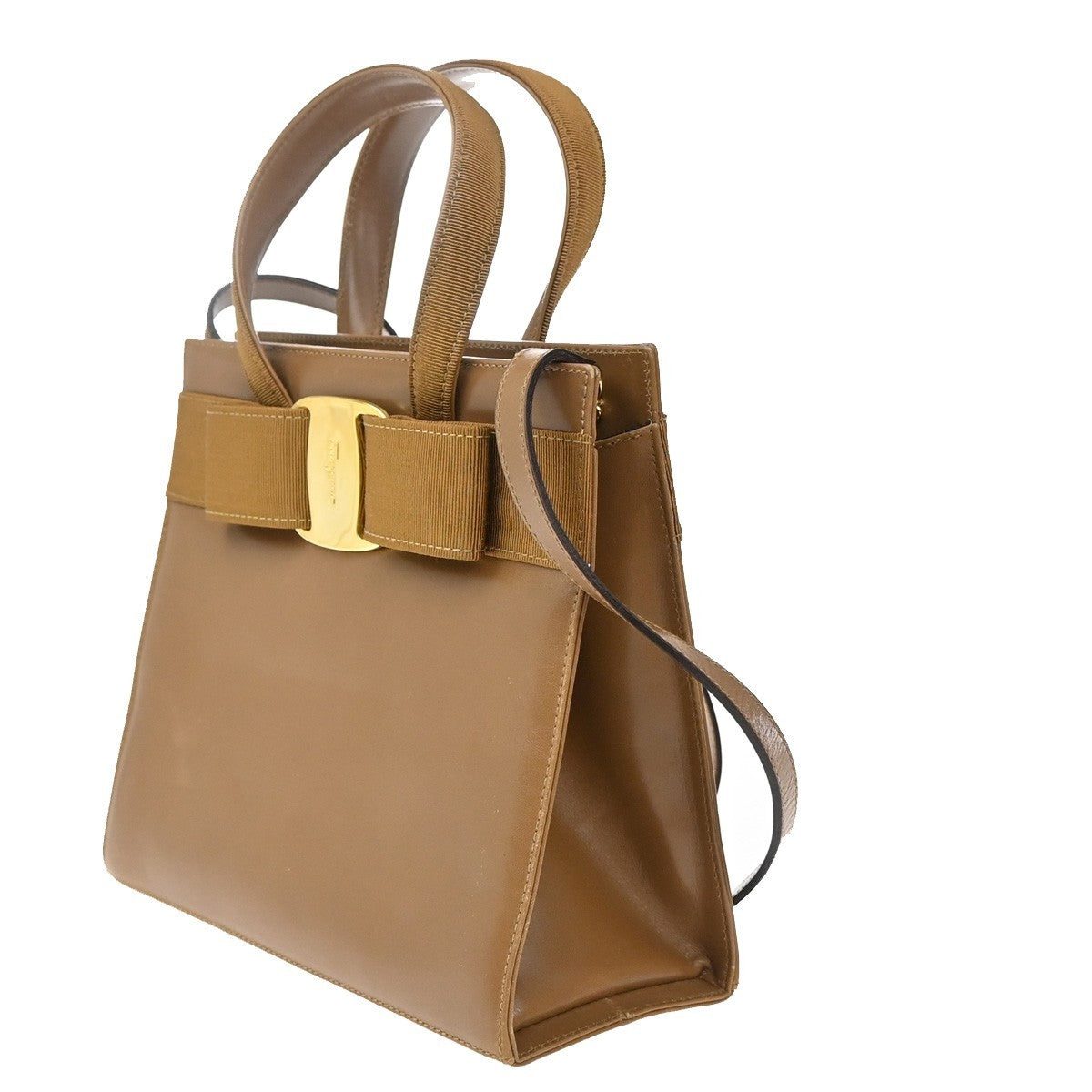 SALVATORE FERRAGAMO Vara 2Way Hand Bag Canvas Leather Brown Gold Italy 33EG249