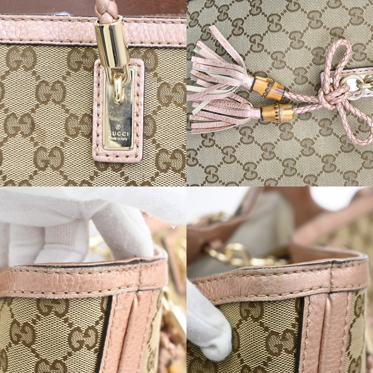 GUCCI Bamboo GG Tassel Shoulder Bag Canvas Leather BN Pink Italy GHW 85TA673