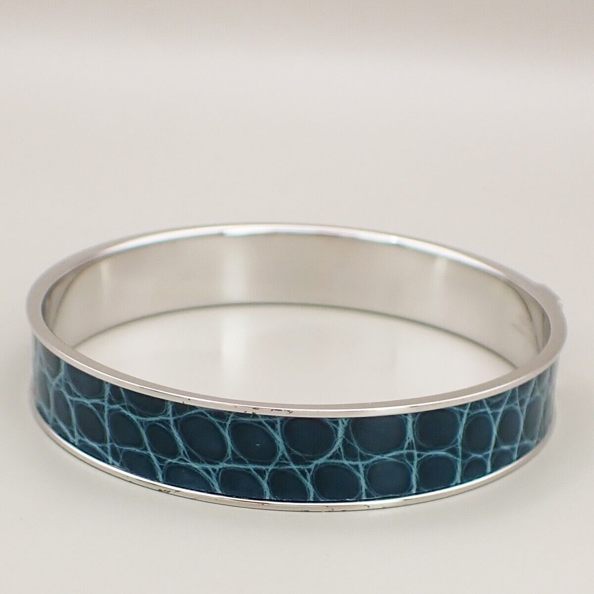 HERMES Logo Bangle Bracelet #S Exotic Leather Blue Silver 32KA475