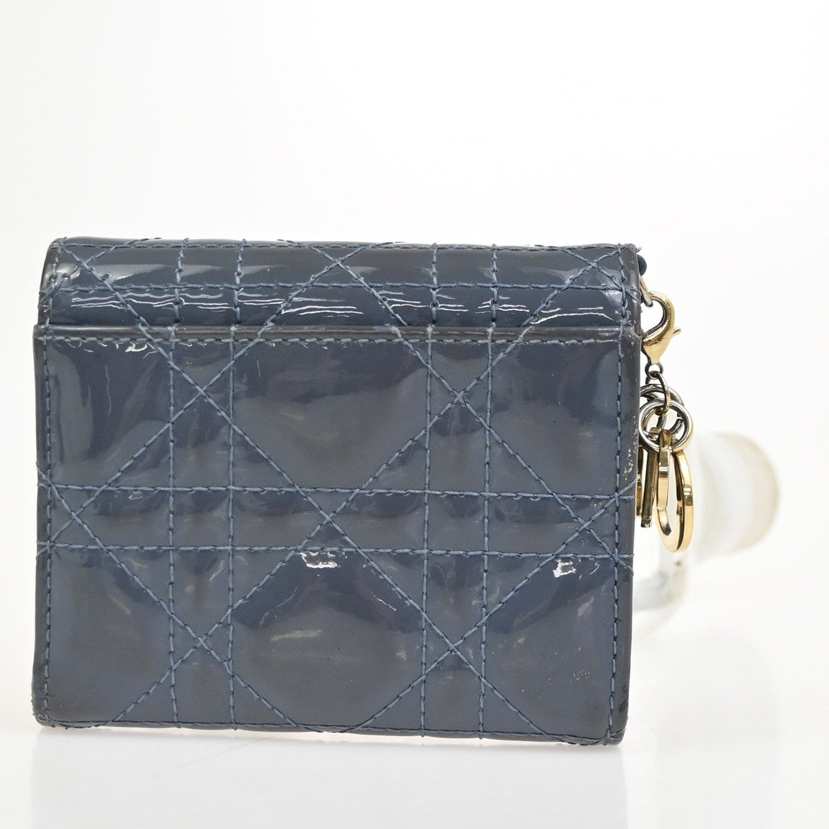 CHRISTIAN DIOR Cannage Mini Lady Dior Wallet Patent Leather Blue GHW 02KD081