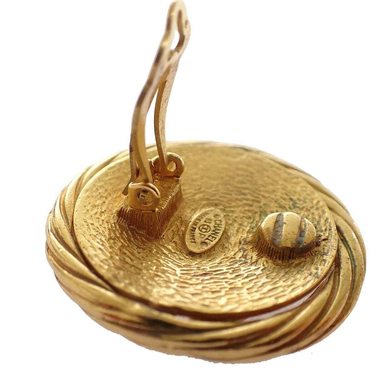 CHANEL CC Logo Round Button Earrings Clip-On 93P GHW Vintage Accessory 86EA349