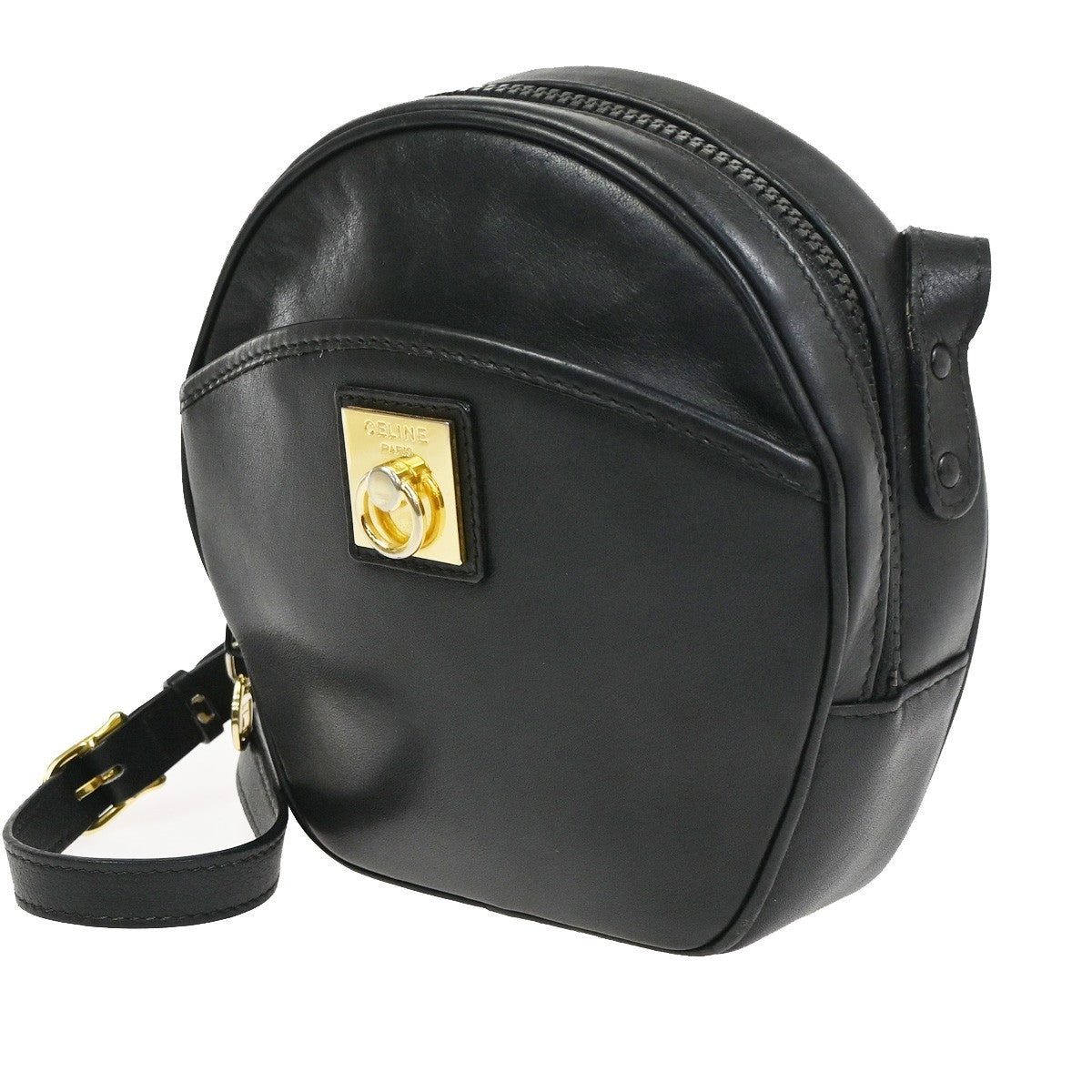 CELINE Ring Logo Crossbody Shoulder Bag Leather Black Italy GHW 38KC888