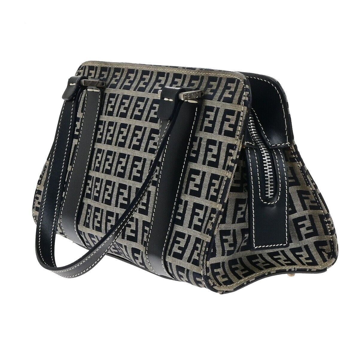 FENDI Logo Zucca Pattern Shoulder Bag Canvas Leather Navy Blue Italy 83KA549