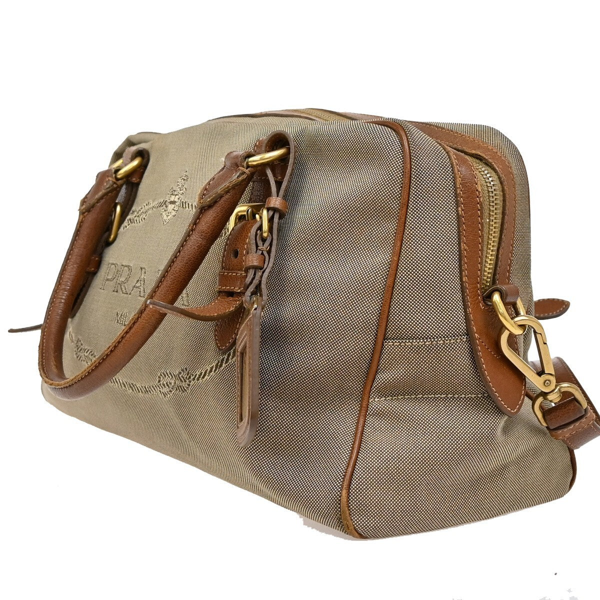 PRADA MILANO Logo Jacquard 2Way Shoulder Hand Bag Canvas Leather Brown 69EE318