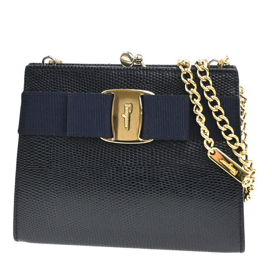 SALVATORE FERRAGAMO Shoulder Bag Embossing Leather Navy Blue GHW Italy 38MA199