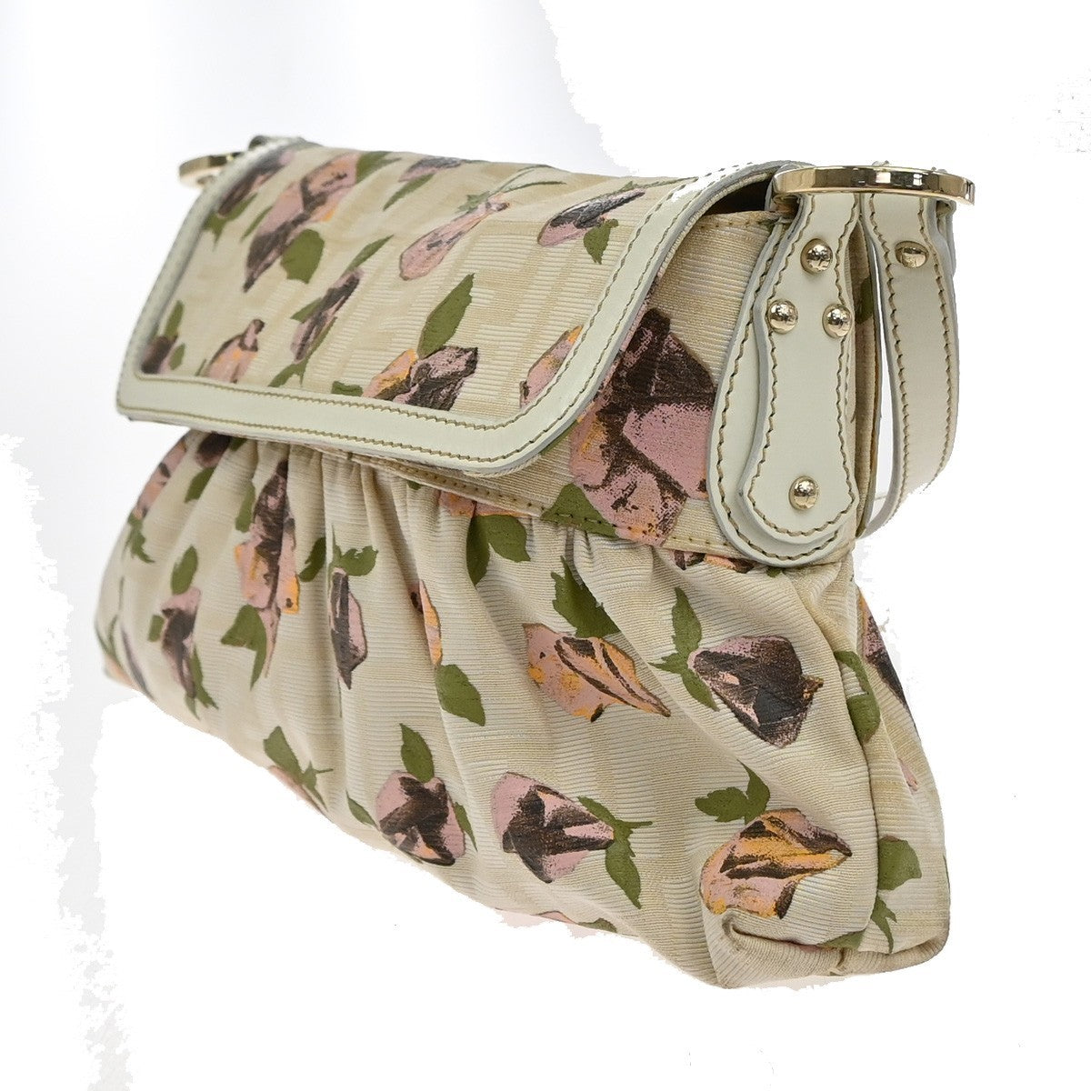 FENDI Logo Zucca Pattern Flower Hand Bag Canvas Leather Beige Pink Italy 88KB429