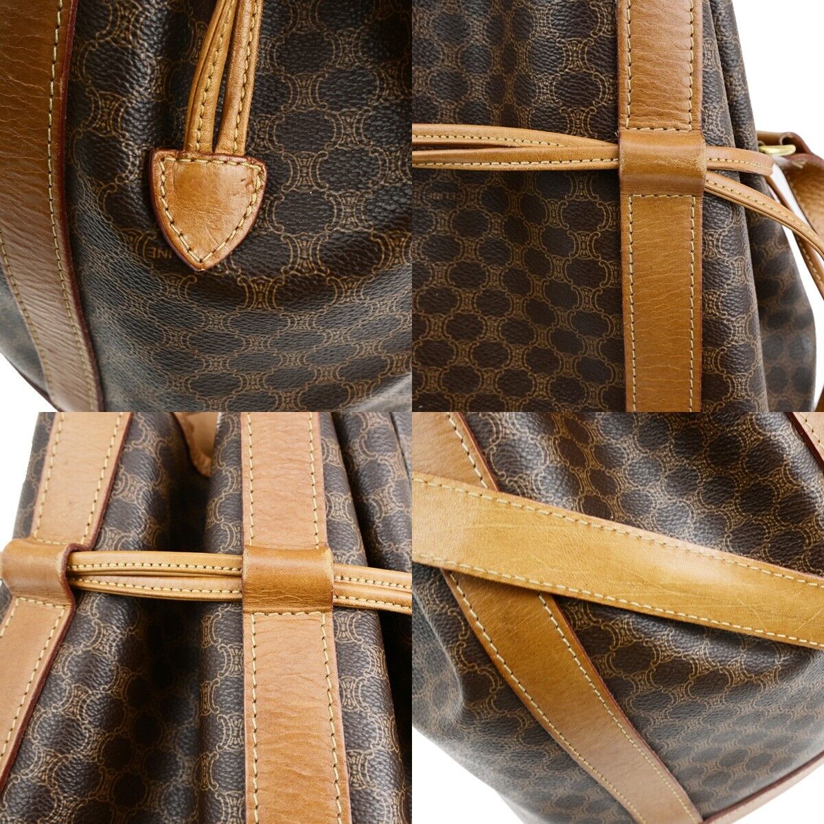CELINE Logo Macadam Pattern Drawstring Shoulder Bag PVC Leather Brown 69HB986