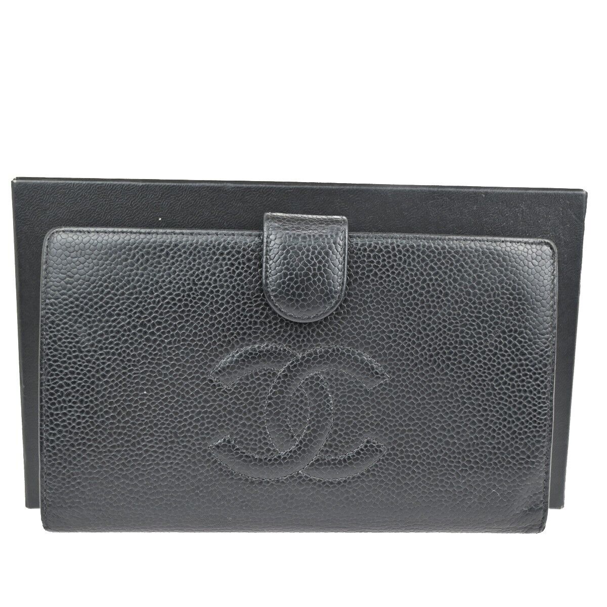 CHANEL CC Logo Long Bifold Wallet Purse Caviar Skin Leather Black France 81RJ714