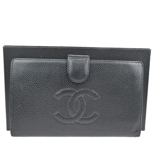 CHANEL CC Logo Long Bifold Wallet Purse Caviar Skin Leather Black France 81RJ714