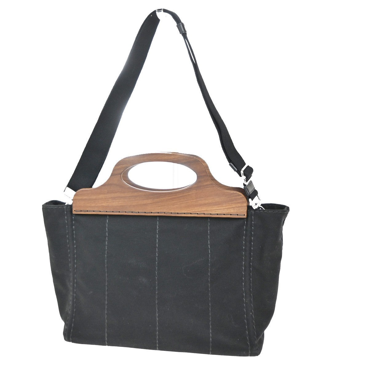 PRADA Milano Logo CANAPA 2Way Tote Hand Bag Canvas Wood Black Italy 50RL769