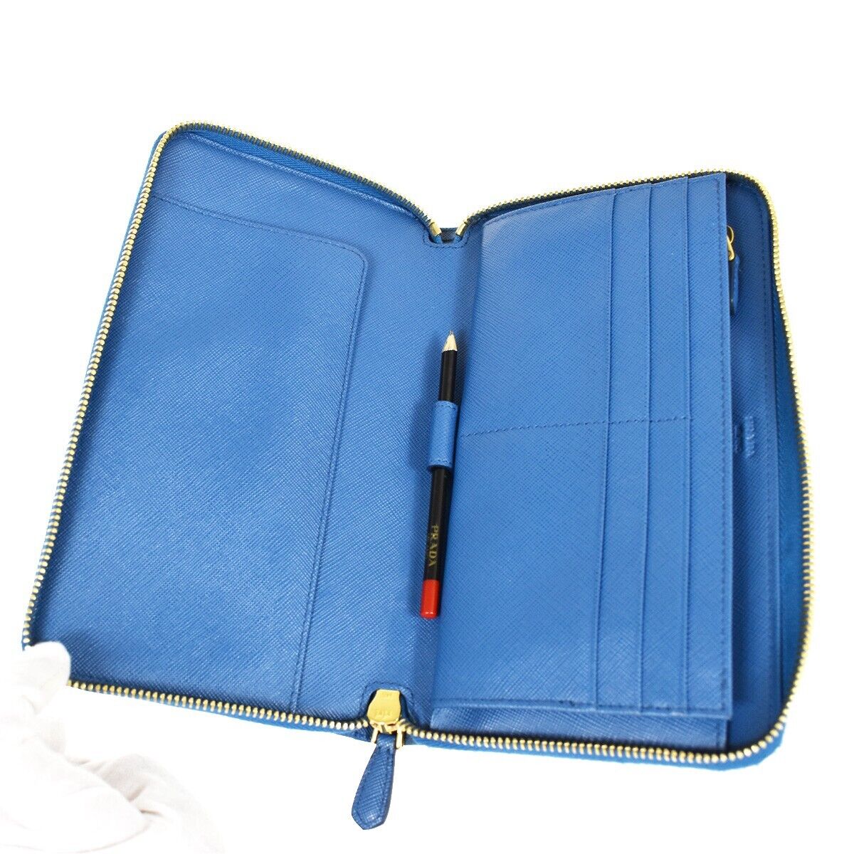 PRADA Logo Long Bifold Organizer Wallet Purse Saffiano Leather Blue Gold 89RH569