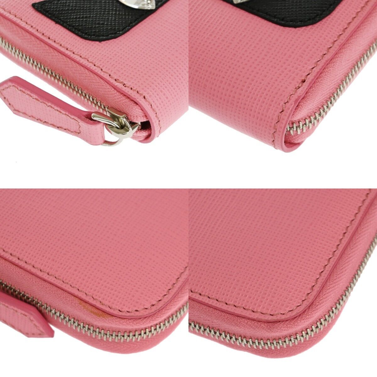 FENDI BAG BUGS Monster Zip Around Coin Wallet Leather Pink Silver Italy 64KA037