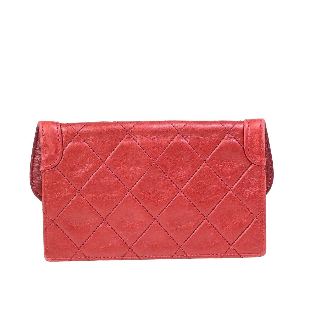 CHANEL CC Logo Matelasse Mini Pouch Wallet Coin Case Leather Red Gold 62EB230