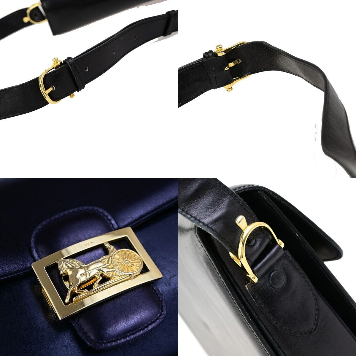 CELINE Logo Horse Carriage Shoulder Bag Leather Black GHW Italy 87EC982