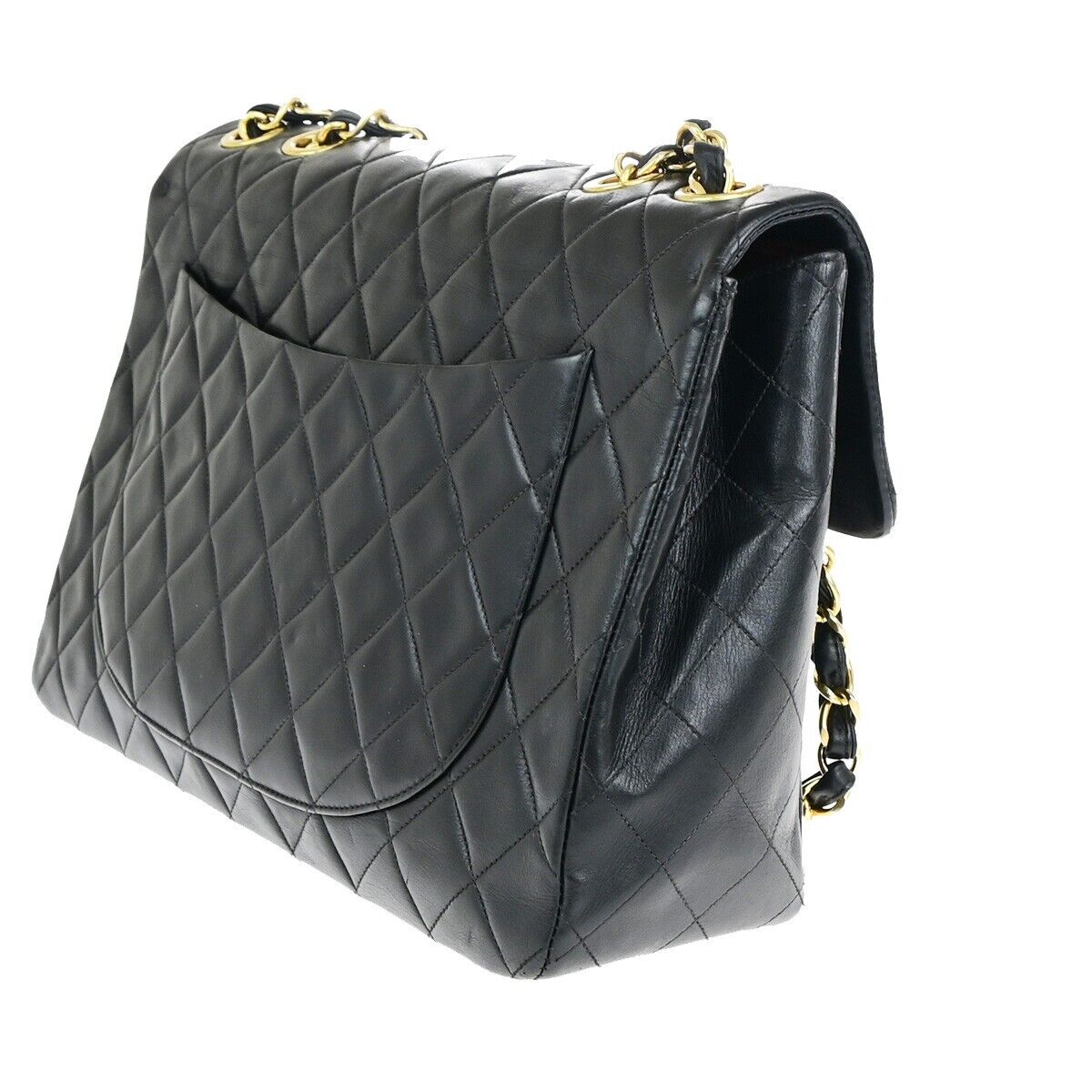 CHANEL CC Maxi Jumbo Matelasse 34 Chain Shoulder Bag Leather BK Vintage 393RK689