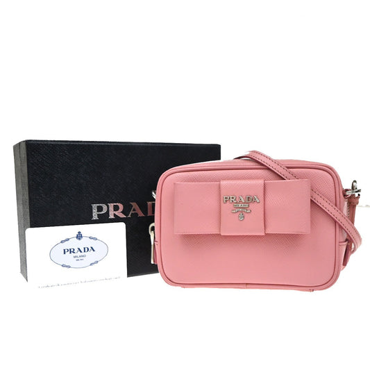 PRADA Logo Saffiano Fiocco Bow Min Shoulder Bag Leather Pink SHW Italy 74YH967