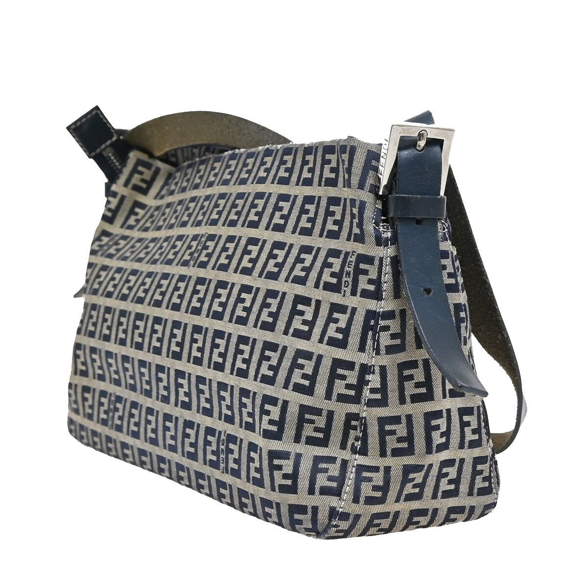 FENDI Logo Zucchino Pattern Shoulder Bag Canvas Leather Navy Blue Silver 70EE283