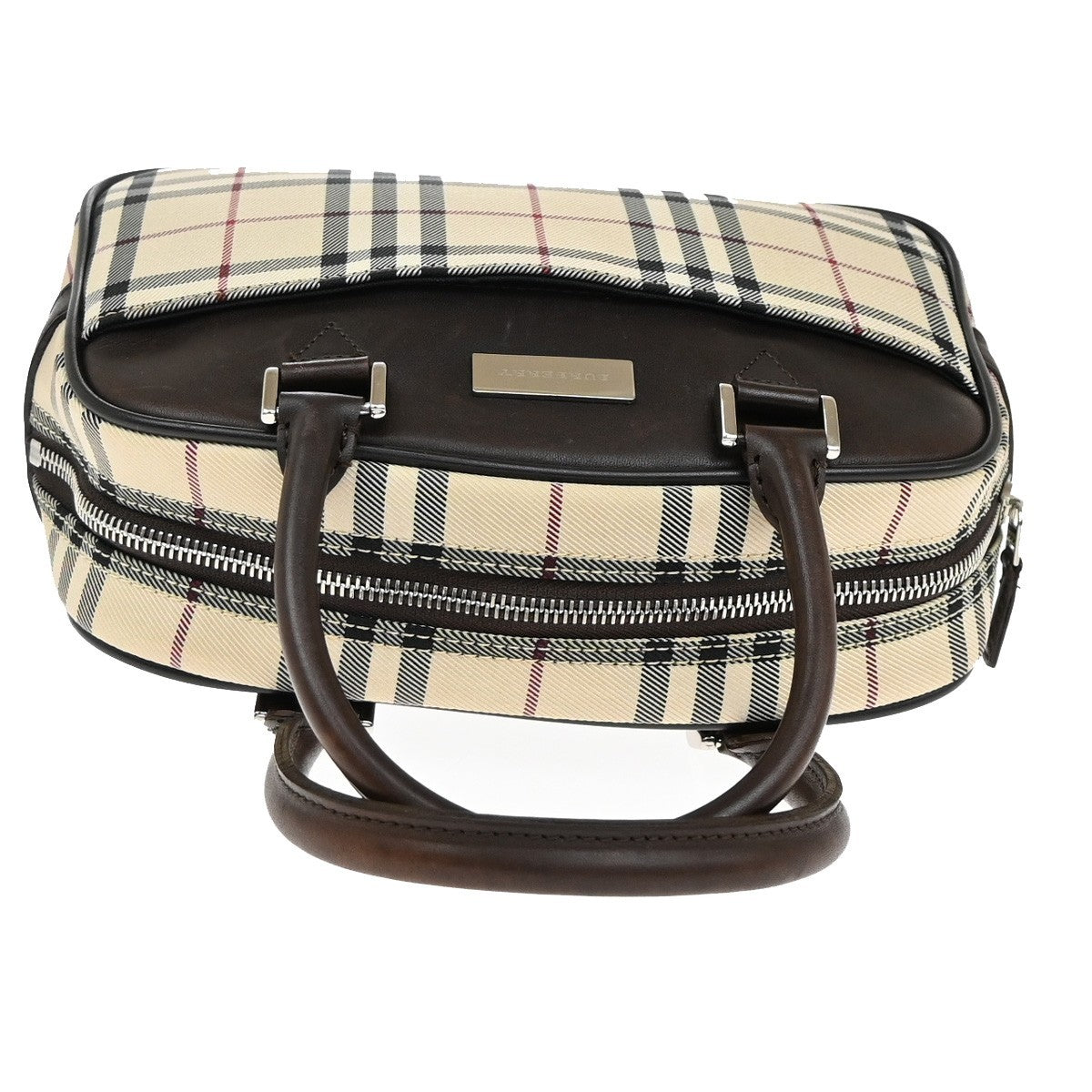 BURBERRY Logo Nova Check Hand Bag Canvas Leather Brown Silver 38KB493