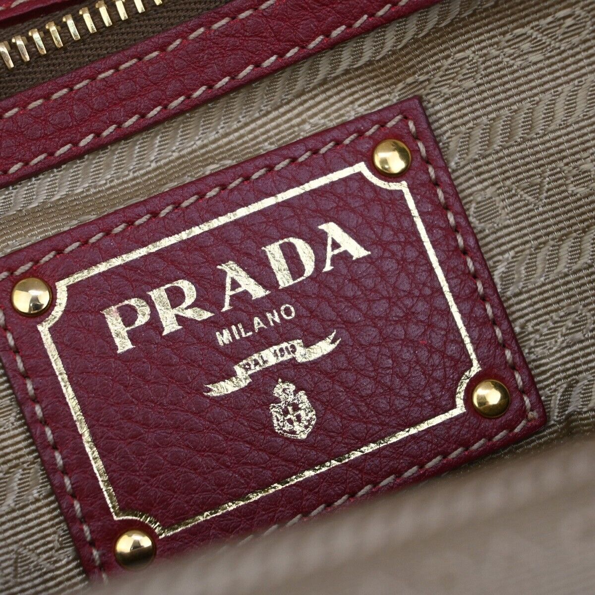 PRADA MILANO Logo 2Way Shoulder Hand Bag Canvas Leather Khaki Bordeaux 79EA813