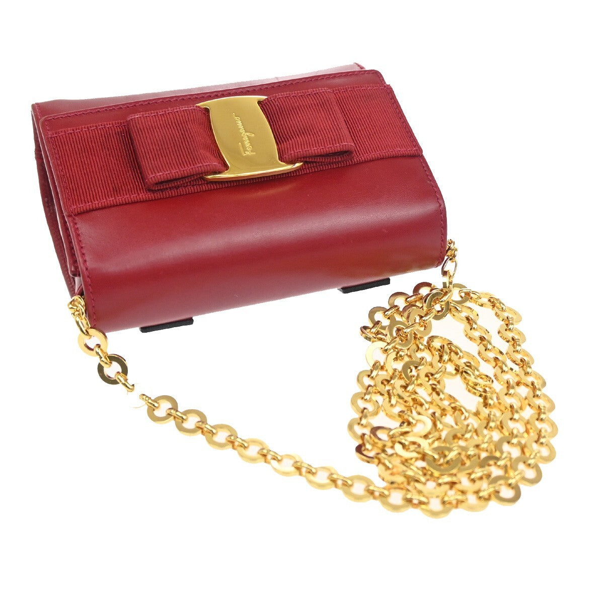 SALVATORE FERRAGAMO Vara 2Way Chain Mini Shoulder Clutch Bag Leather Red 31EE972