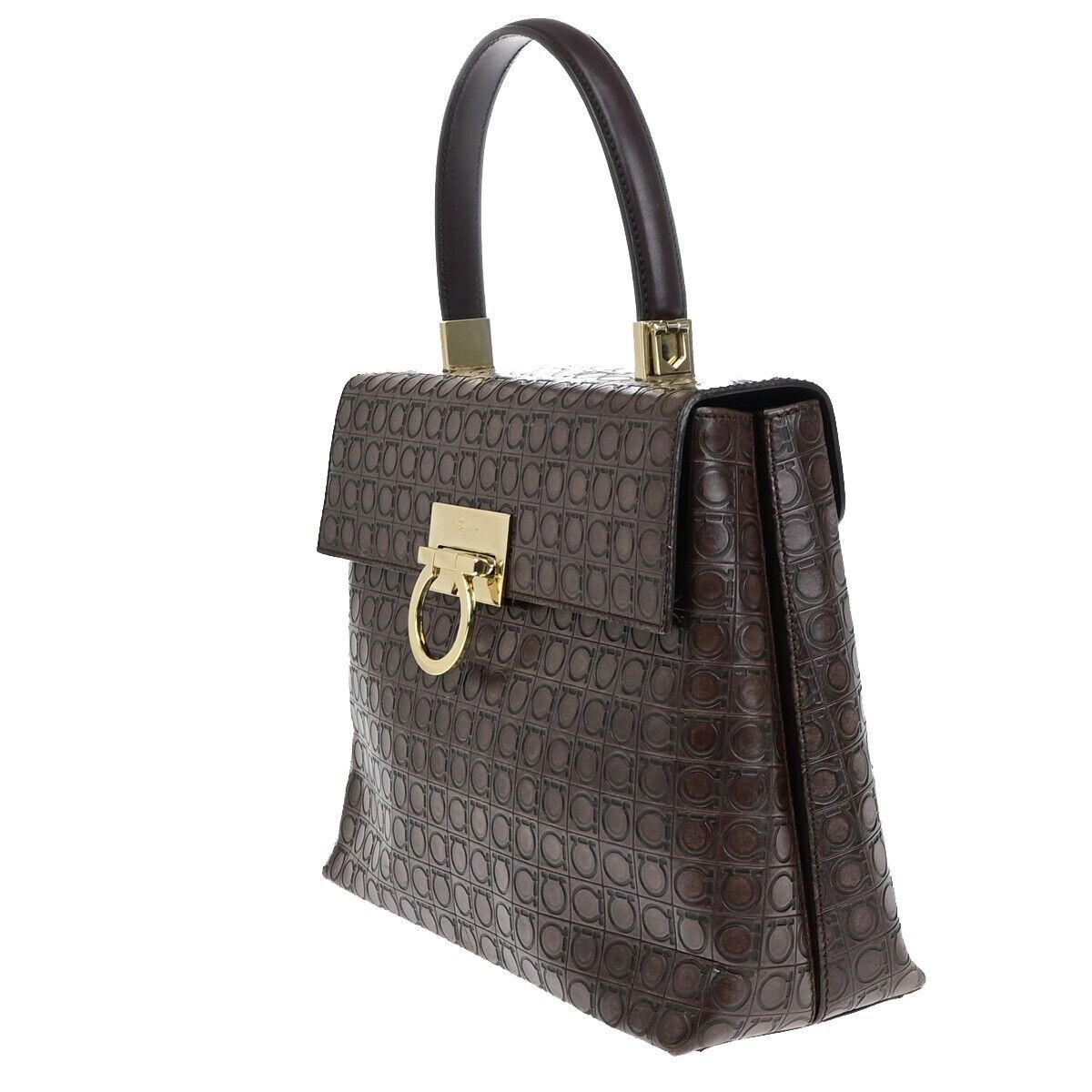 SALVATORE FERRAGAMO Logo Gancini Hand Bag Embossing Leather Brown GHW 31EB621