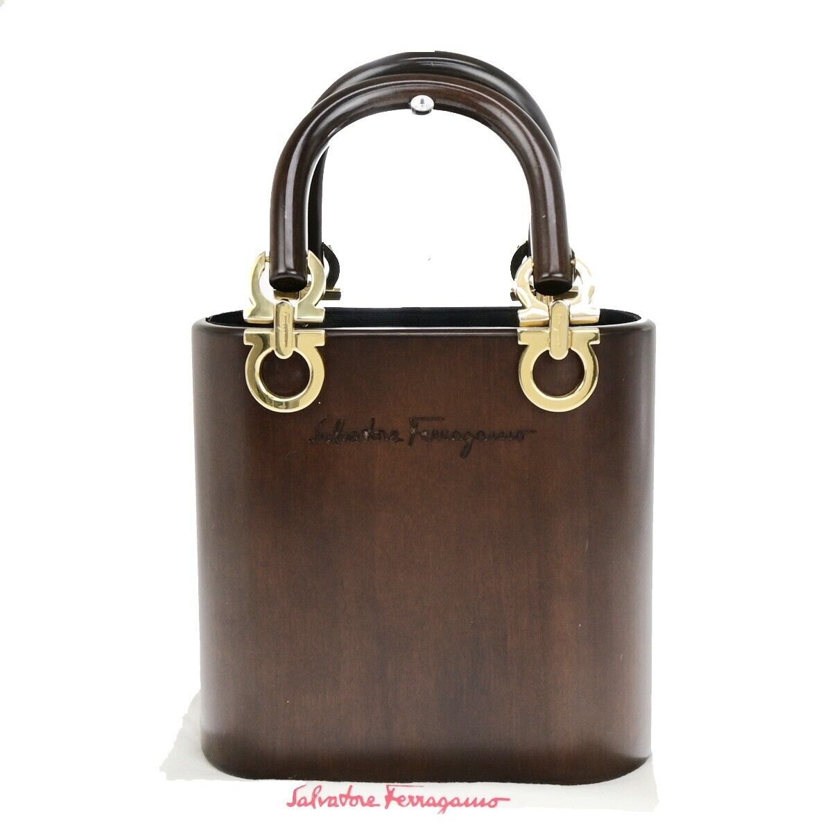 SALVATORE FERRAGAMO Logo Gancini Bucket Hand Bag Wood Leather Brown GHW 91EC722