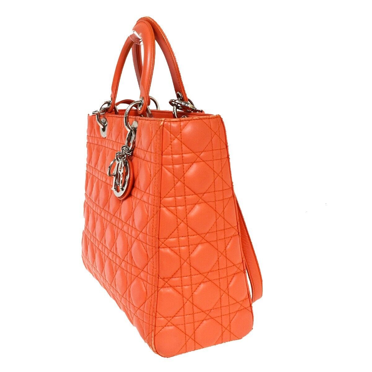 CHRISTIAN DIOR Logo Lady Cannage 2Way Shoulder Hand Bag Leather Orange 691RC569