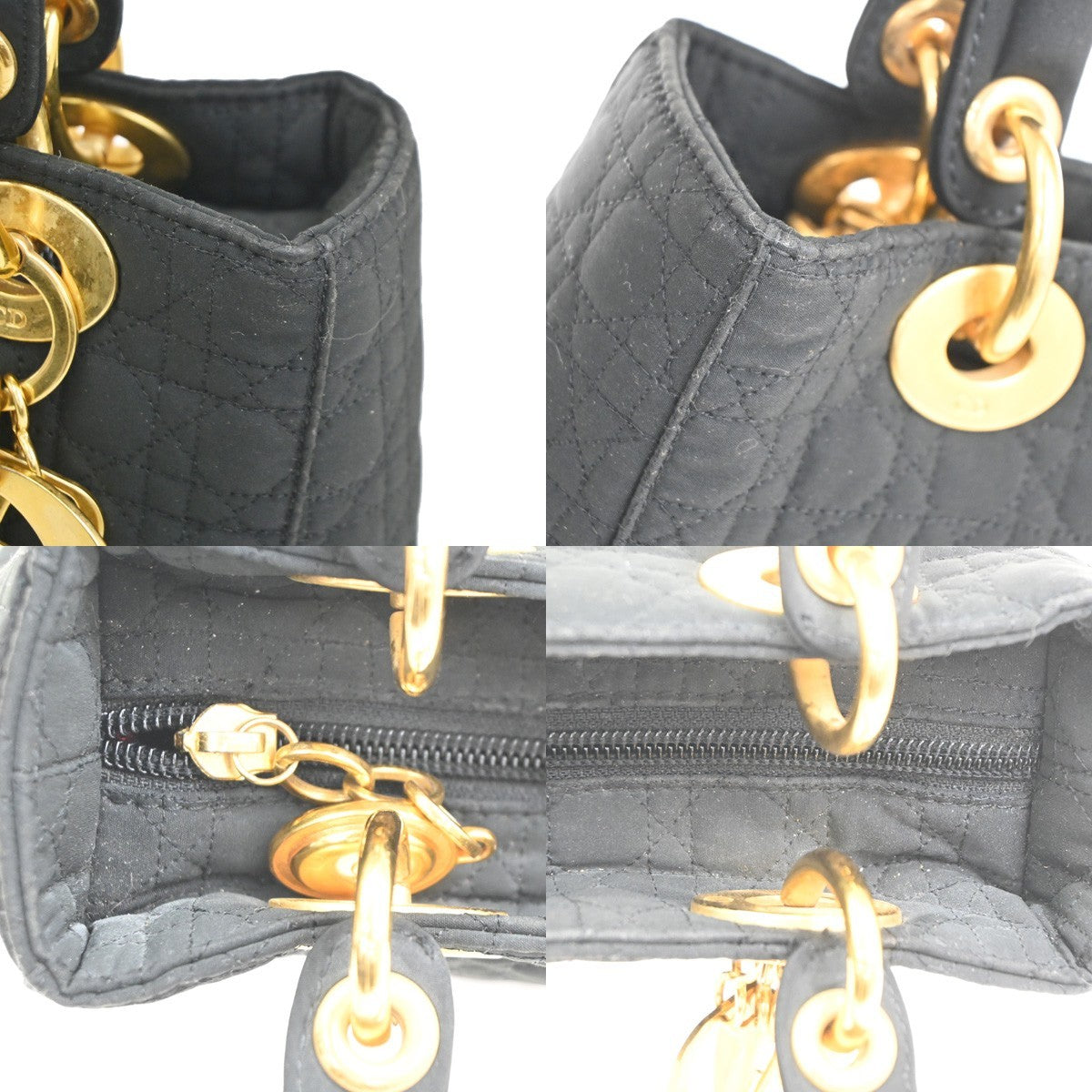 CHRISTIAN DIOR Lady Cannage Hand Tote Bag Nylon Black Gold Italy 84CA795