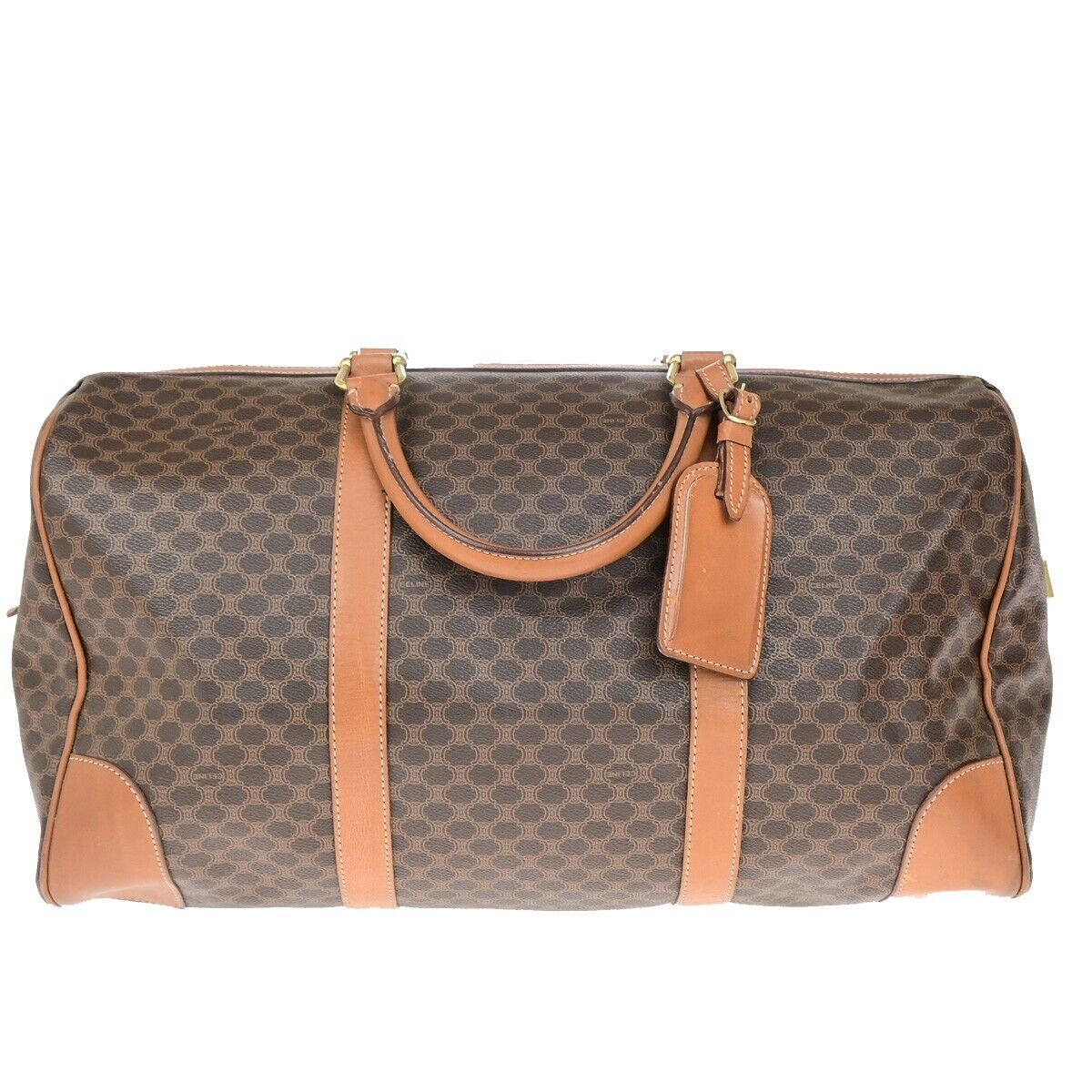 CELINE Logo Macadam Pattern Travel Hand Bag PVC Leather Brown Gold Italy 62EC911