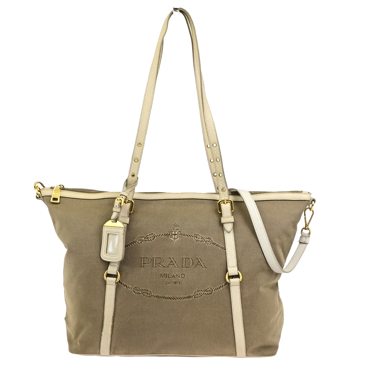PRADA Logo Jacquard 2Way Shoulder Bag Canvas Leather Brown White GHW 84YJ274