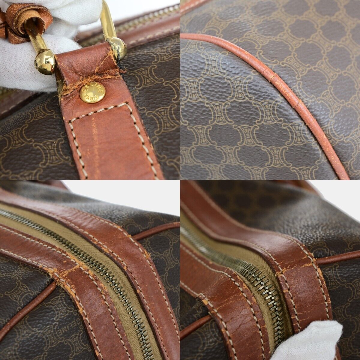 CELINE Macadam Pattern Travel Hand Bag PVC Leather Brown Gold Italy 64EB372