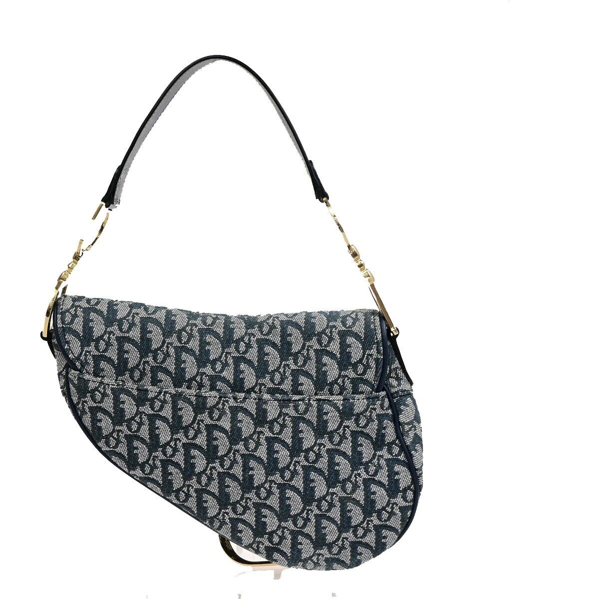CHRISTIAN DIOR Trotter Saddle Shoulder Bag Canvas Leather Navy Blue 332RF225