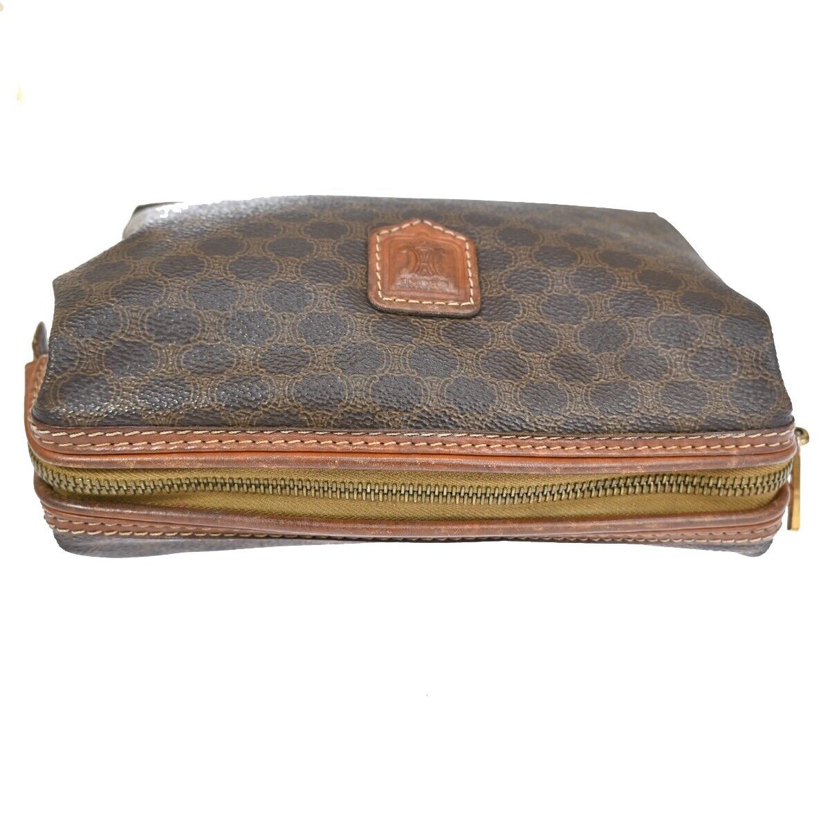 CELINE Logo Macadam Pattern Clutch Hand Bag PVC Leather Brown Italy 02ED480
