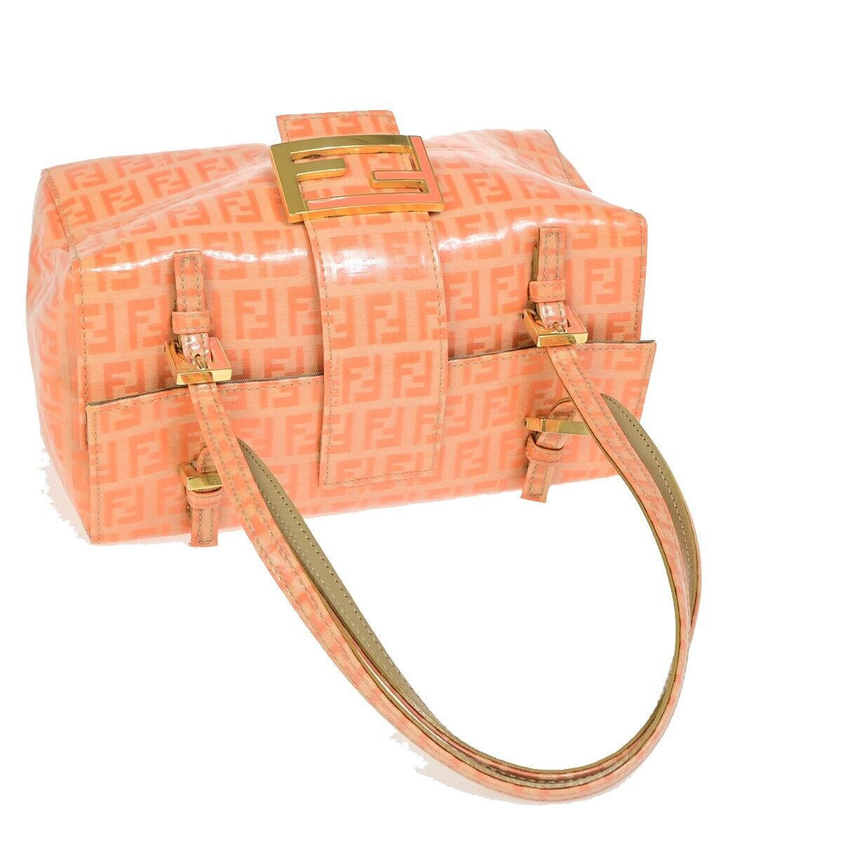 FENDI Logo Zucca Pattern Hand Shoulder Bag Patent Leather orange Gold 87SH936