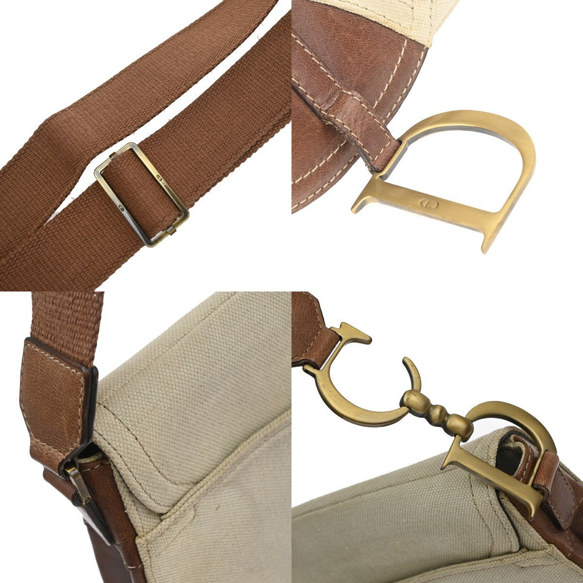 CHRISTIAN DIOR CD Logo Saddle Shoulder Bag Canvas Leather Beige GHW 50CA986
